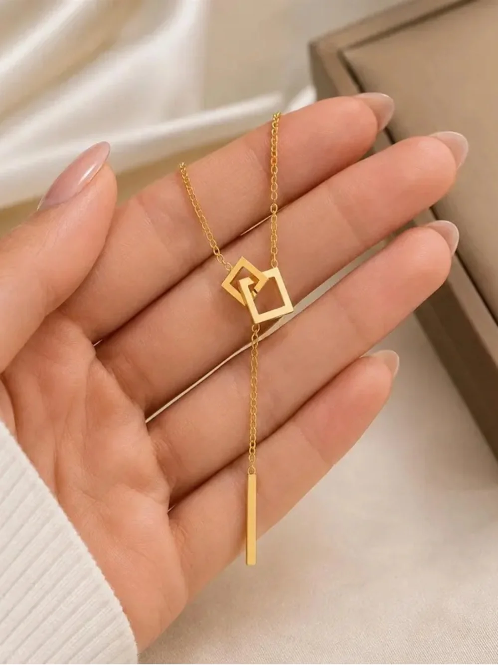 18K Gold Plated Y Necklace, Geometric Lariat Necklace, Stainless Steel Necklece